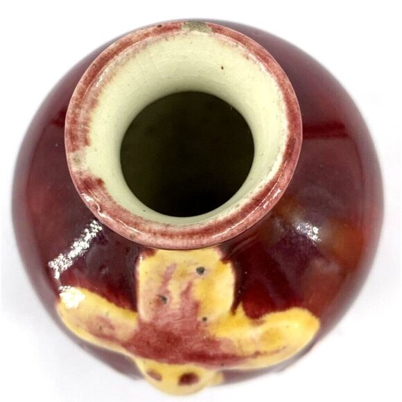 Majolica Pottery Vase Small Burgundy Flower Tulip Daffodil Motif 4" Vtg - Picture 7 of 8